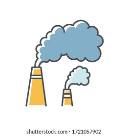 Smoke RGB color icon. Urban smog, industrial air pollution, environment contamination. Bad city weather. Chimneys emitting toxic fumes isolated vector illustration