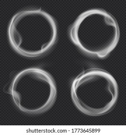Smoke rings. Abstract realistic vape round symbol. Steam frame after cigarette, pipe or hookah smoking. Puffing, realistic fog flowing in round border isolated on transparent background