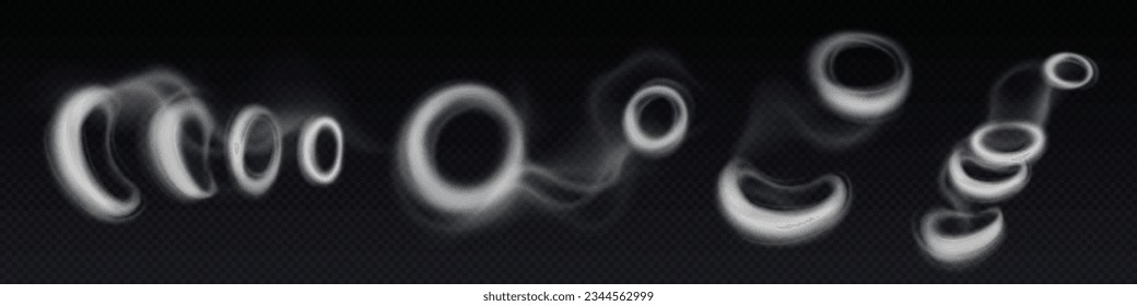 Smoke rings, circle clouds of steam or smog. Round shaped fog, smoke of hookah, cigarette or pipe, vapor of vape flying in air, vector realistic illustration isolated on transparent background