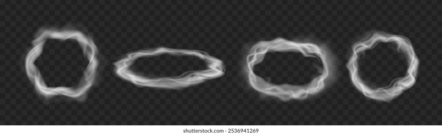 Smoke rings or foggy borders in form of ellipse and circle. Vector abstract realistic vape round symbol. Stem frames after cigarette, pipe or hookah tuxedo. Puffing, fog flowing. Mist traces