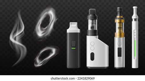 Anillos de humo de vape. chorro de vapor realista, cigarrillos y garrapatas electrónicos, vaporizadores aromáticos, desechables y recargables, accesorios para fumar, elementos aislados en 3d, conjunto de cigarrillos electrónicos vectores totales