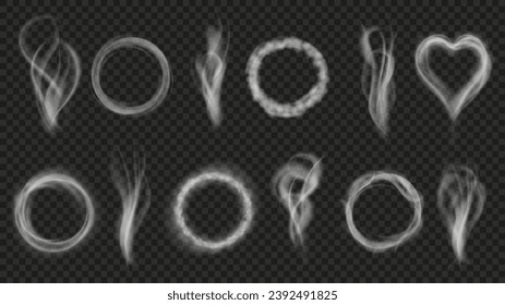 Anillos de humo y olas. Humo de cigarrillo blanco, anillos de hookah o de uva y círculos etéreos necios. Conjunto de efectos de superposición vectorial aislados. Vegetación de vapor curvado, gas o agua caliente de bebida