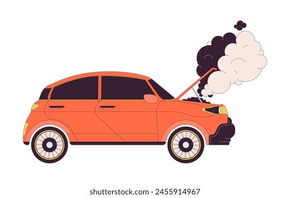 Smoke rising up from broken car 2D linear cartoon object. Auto with fume coming from hood isolated line vector element white background. Vehicle at road accident color flat spot illustration