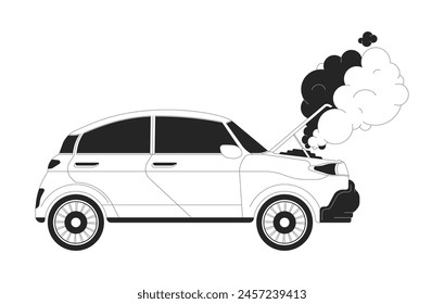 Smoke rising up from broken car black and white 2D line cartoon object. Auto with fume coming from hood isolated vector outline item. Vehicle at road accident monochromatic flat spot illustration