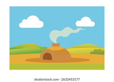Fumaça saindo de um forno de argila perto dos campos