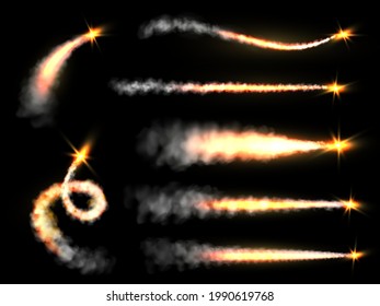 Smoke Rocket. Smoke Jets Trailing, Fiery Foggy Trails Jet Airplane. Missile, Shuttle Or Spaceship Strait And Curve Contrail, Comet Or Meteor Falling In Space. Vector Isolated On Black Set