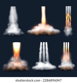 Humo del cohete. Plantilla de vector decente de lanzamiento de nave espacial humo y llama de fuego