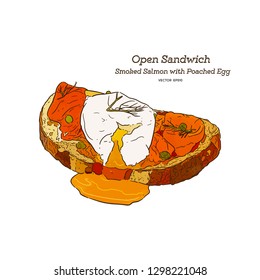 Smoke salmon with poached egg sandwich, open face sandwich. hand draw sketch vector.