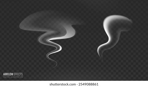 Smoke set of effects from heated tea or coffee, air flow isolated design elements on black grid background, realistic aroma from cooking food and hot water