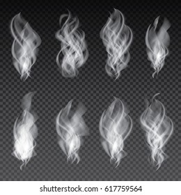Conjunto de humo aislado en fondo transparente. Ilustración vectorial.