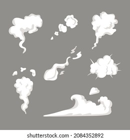 plantilla de efectos especiales para la configuración de humo. Nubes de vapor de dibujos animados, bocanadas, niebla, niebla, vapor de agua o explosión de polvo.