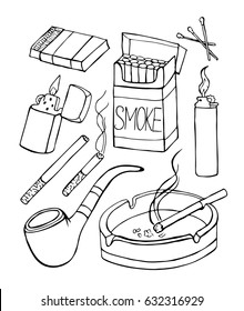 Smoke set vector illustration. Doodle style. Isolated on white background.
Smoking. Lighter, matches, smoke,, print, design, icon, logo, poster,paper, card, holiday, cloth, wrapping, wallpaper. Eps10
