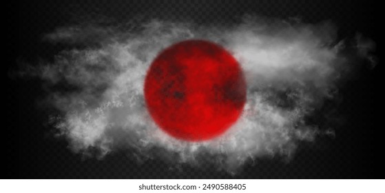 Smoke in a shape and colors of Japan flag. Beautiful vector realistic white fog cloud with red circle in the middle