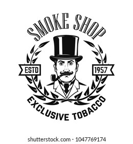 Smoke shop. Gentleman with smoking pipe. Design element for logo, label ,emblem, sign. Vector illustration