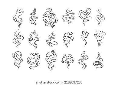 Smoke smell line icons. Doodle smoking and steaming vector signs drawing. Vector illustration