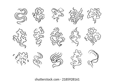 Smoke smell line icons. Doodle smoking and steaming vector signs drawing. Vector illustration