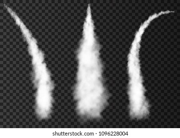 Smoke from space rocket  launch. Foggy trail airplane or jet. Plane condensation track isolated on transparent background.  Realistic vector texture.