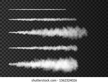 Smoke From Space Rocket Launch. Foggy Plane Trail  Isolated On Transparent Background. Fog.  Realistic Vector Texture.