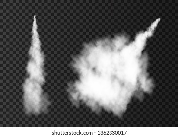 Smoke from space rocket launch. Foggy plane trail  isolated on transparent background. Fog.  Realistic vector texture.