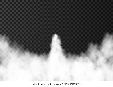 Humo del lanzamiento de cohetes espaciales. Pista de niebla aislada en un fondo transparente. Niebla.  Textura vectorial realista.