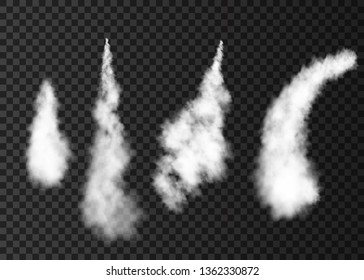 Smoke from space rocket launch. Foggy plane trail  isolated on transparent background. Fog.  Realistic vector texture.