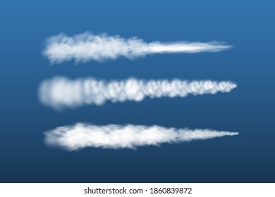 Smoke from space rocket launch or plane.Sky contrail rocket condensation trailing.Smoky effect after  flight airliner or aircraft.Realistic vector isolated set.
