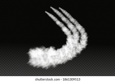 Smoke from space rocket launch or plane.Sky contrail rocket condensation trailing.Smoky effect after  flight airliner or aircraft.Realistic vector isolated set.
