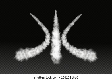 Smoke from space rocket launch or plane.Sky contrail rocket condensation trailing.Smoky effect after  flight airliner or aircraft.Realistic vector isolated set.
