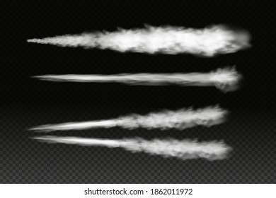 Smoke from space rocket launch or plane.Sky contrail rocket condensation trailing.Smoky effect after  flight airliner or aircraft.Realistic vector isolated set.
