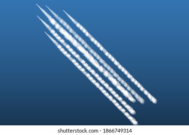 Smoke from space rocket launch or plane.Sky contrail rocket condensation trailing.Smoky effect after  flight airliner or aircraft.Realistic vector isolated set.
