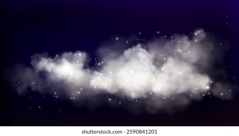 Smoke sparkle background with glowing blue nebula effect and scattered shimmering stars. Mystical cosmic atmosphere with luminous particles and vapor cloud. Dreamy night sky with magic fog and glitter