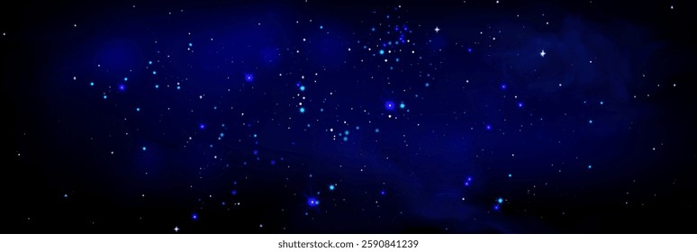 Smoke sparkle background with glowing blue nebula effect and scattered shimmering stars. Mystical cosmic atmosphere with luminous particles and vapor cloud. Dreamy night sky with magic fog and glitter