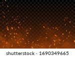 Smoke, sparks and fire particles, flying up embers and burning cinder. Vector realistic heat effect of flame in bonfire, from blacksmith works or hell isolated on transparent background