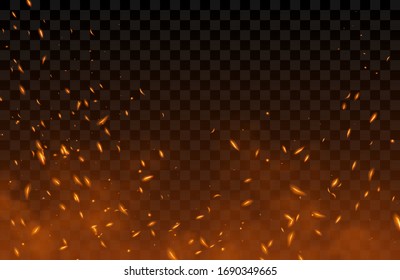 Smoke, sparks and fire particles, flying up embers and burning cinder. Vector realistic heat effect of flame in bonfire, from blacksmith works or hell isolated on transparent background