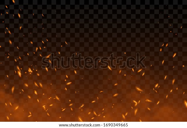Smoke,
sparks and fire particles, flying up embers and burning cinder.
Vector realistic heat effect of flame in bonfire, from blacksmith
works or hell isolated on transparent
background