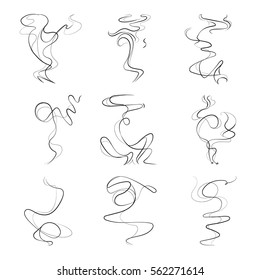 Smoke spiral lines, smoking smell, odor vector set. Aroma trail steam illustration isolated on white background