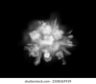 Smoke splash with powder and particles. Vector isolated realistic gas or flour burst. Explosion of white dust, stream or fog spray effect. Texture of spatter or blast, cold ice or snow flow