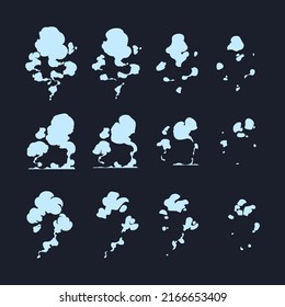 Efecto de la esprita de humo. Juego de animación de la nube de polvo de dibujos animados, estallido de vapor y disipación de niebla cuadros gráficos 2D. Explosión de historietas vectoriales. Contaminación del aire, flujos de gases de efecto invernadero, nubes esponjosas