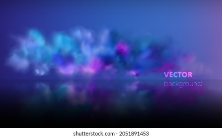 Smoke stage vector background. Abstract blue and purple fog with shadow.