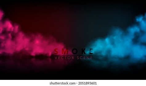 Smoke stage vector background. Abstract blue and red fog with shadow.