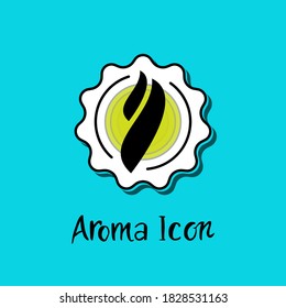 Smoke steam aroma inside star shaped badge with shadow, vector icon