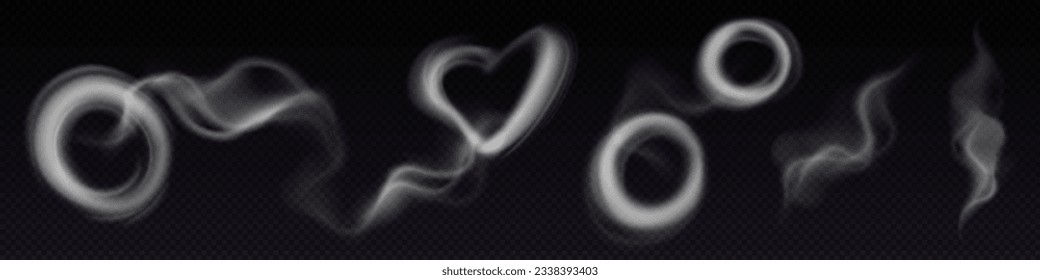 Smoke steam circle ring vector cloud effect. 3d realistic vape or hookah fog line swirl art. Magic transparent smoky puff heart shape for love template. isolated abstract creative vapour overlay trail