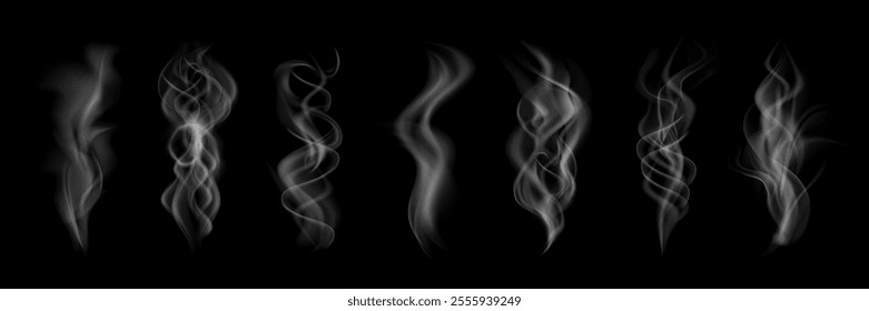 Smoke steam clouds isolated on black background, hot vapor swirls, light smoky trail, fog and mist effect. Set smoke steam, waves from tea, coffee, hot food, cigarettes