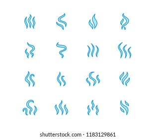 Smoke, steam flat line icons. Fumes shapes, aroma smell heat illustrations. Evaporation vector signs.
