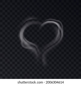 Smoke steam of heart shape isolated on transparent black background. Romantic effect of white vapor from coffee or cigarette smoking. 3d vector illustration