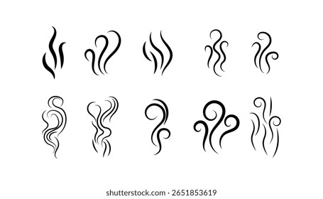 Smoke and Steam Icon Set. Hot Vapor, Smell, and Aroma Symbols. Cooking Fume and Warm Air Vector Collection