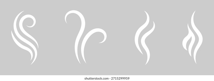 Vector de conjunto de iconos de vapor de Smoke. Hit apesta, café, Elementos de la llama de la fragancia. Colección de los iconos estilizados y blancos del humo y del vapor en fondo aislado.