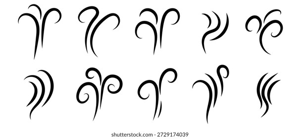 Rauch- und Dampfsymbol im Vektorstil. Heiße Dampf-, Aroma-, Geruchs- und Wärmeleitungssymbole mit Feuer-, Kaffee-, Duft- und Flammenelementen. Einfache Doodle-Kontur, Vektorgrafik.

