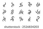 Smoke steam icon vector logo set. Smoke smell, steam aroma heat icon illustration. Hot vapor fire doodle line logo. Hit stink, coffee, fragrance flame elements. Vector illustration.