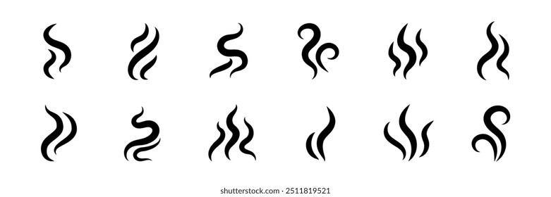 Smoke steam icon vector logo set. Smoke smell, steam aroma heat icon illustration. Hot vapor fire doodle line logo. Hit stink, coffee, fragrance flame elements. Vector illustration.